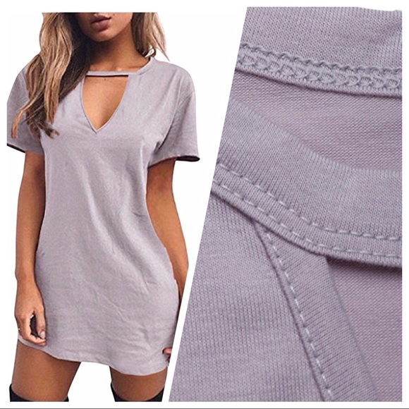 L-XL•Chic Babe Gray Minimalist Choker Collar Soft Tee Mini Dress - Picture 2 of 13